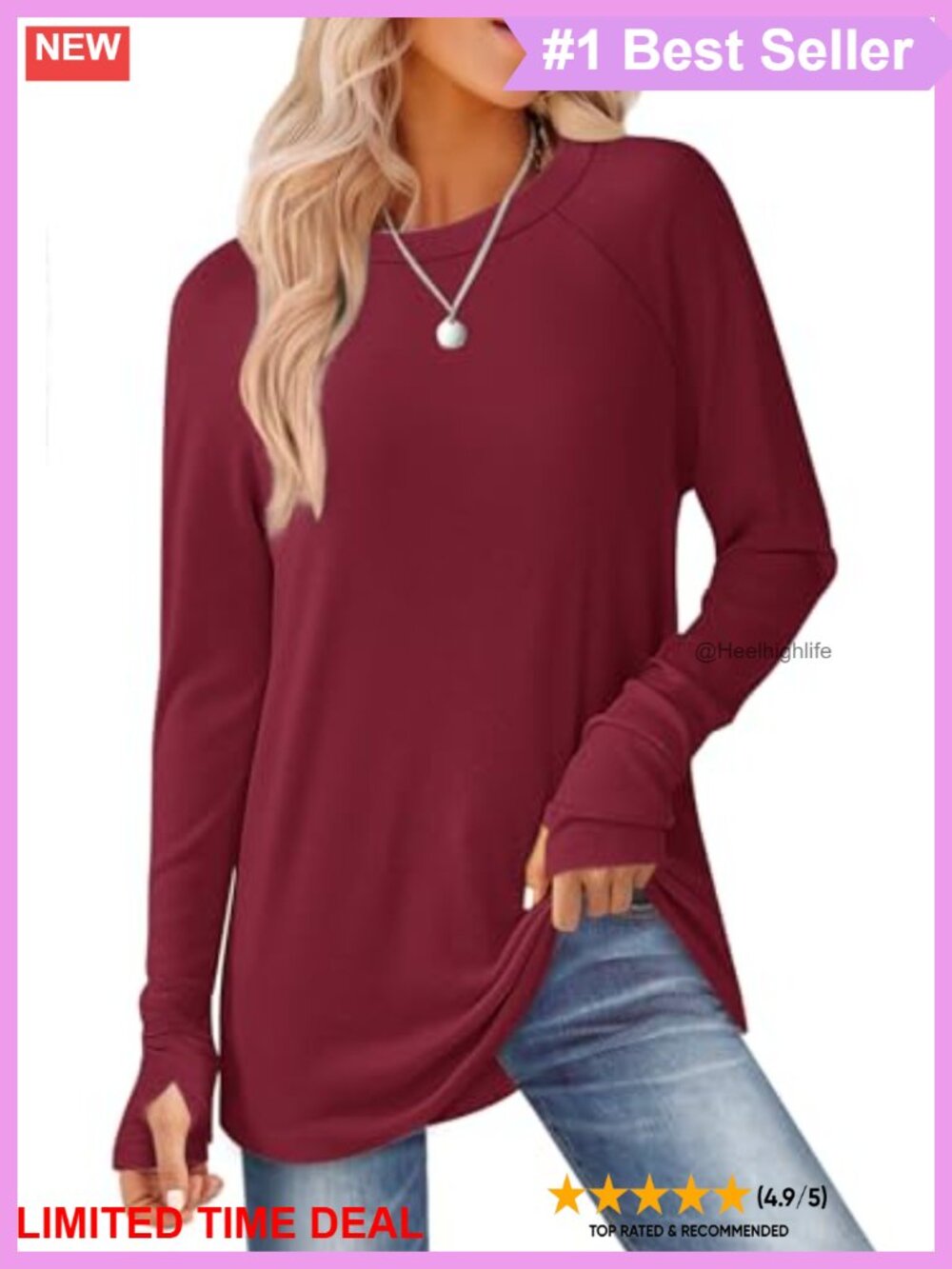 Womens Long Sleeve Crew Neck Tunic Top Thumb Holes Loose Fit Fall Tee